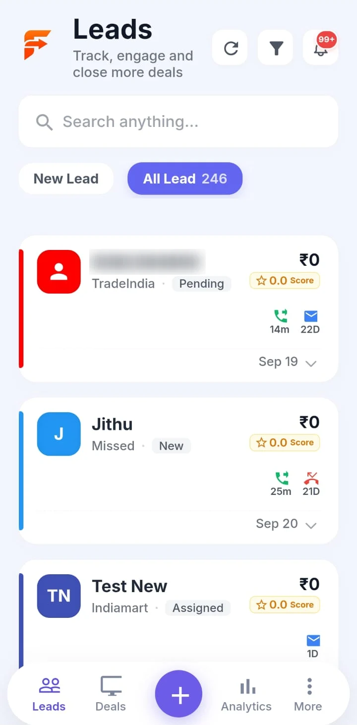 Flowzo mobile app: the leads list with call and follow-up status on each lead